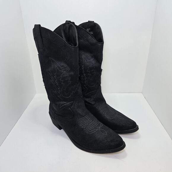 10M Black Western Cowboy Boots Fabric Faux Suede Embroidered - Picture 1 of 12